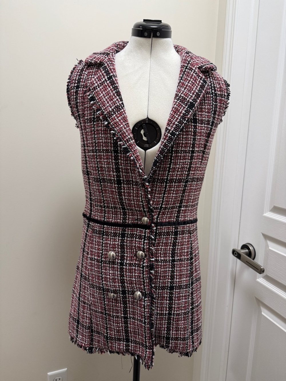 Sleeveless Plaid Tweed Vest with Button Detail